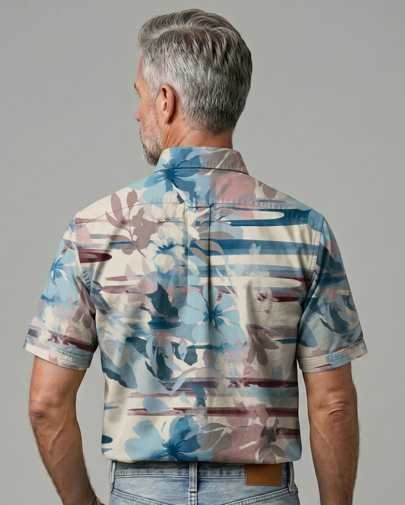 Men's Creamy Blue Maroon Abstract Floral Regular Fit Retro Art Casual Short-Sleeve Shirt
