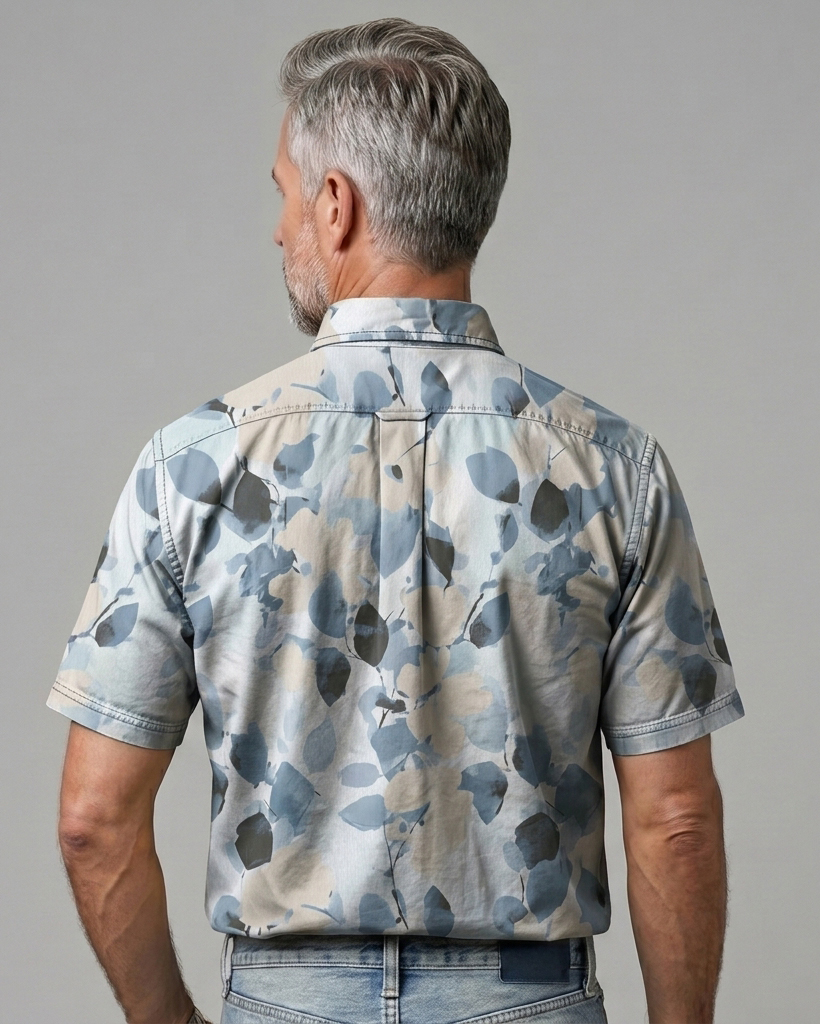 Men's Dusty Blue Ash Leaf Regular Fit Nature-Inspired Casual Short-Sleeve Shirt