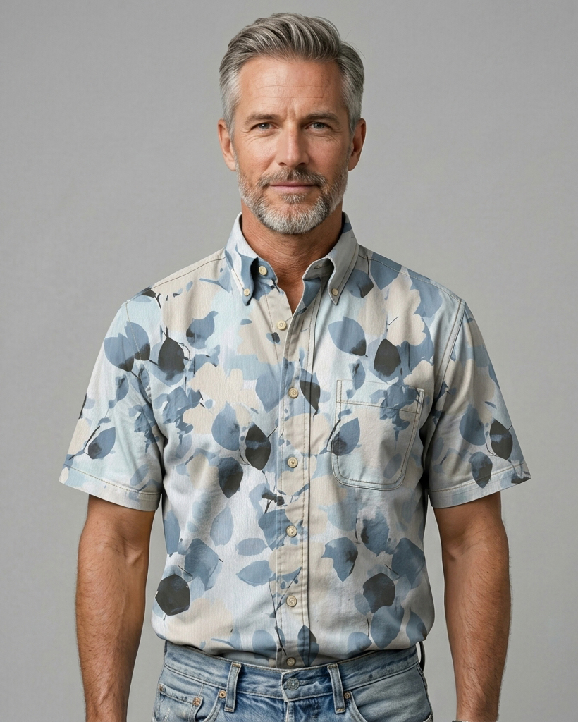 Men's Dusty Blue Ash Leaf Regular Fit Nature-Inspired Casual Short-Sleeve Shirt