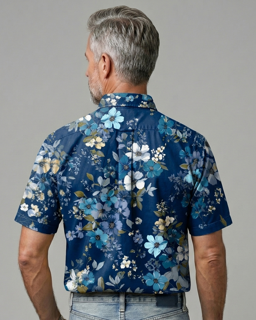 Men's Navy Blue Multitone Floral Regular Fit Retro Vacation Short-Sleeve Shirt