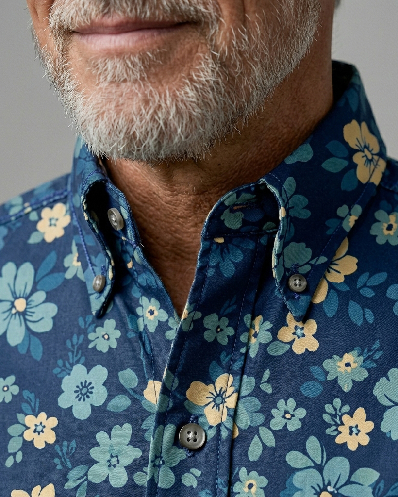 Men's Navy Base Cyan Yellow Ditsy Floral Regular Fit Retro Casual Short-Sleeve Shirt