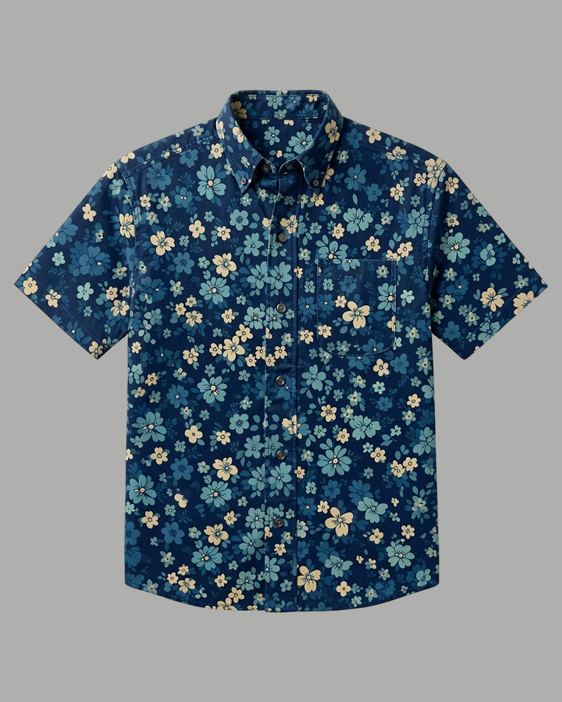 Men's Navy Base Cyan Yellow Ditsy Floral Regular Fit Retro Casual Short-Sleeve Shirt