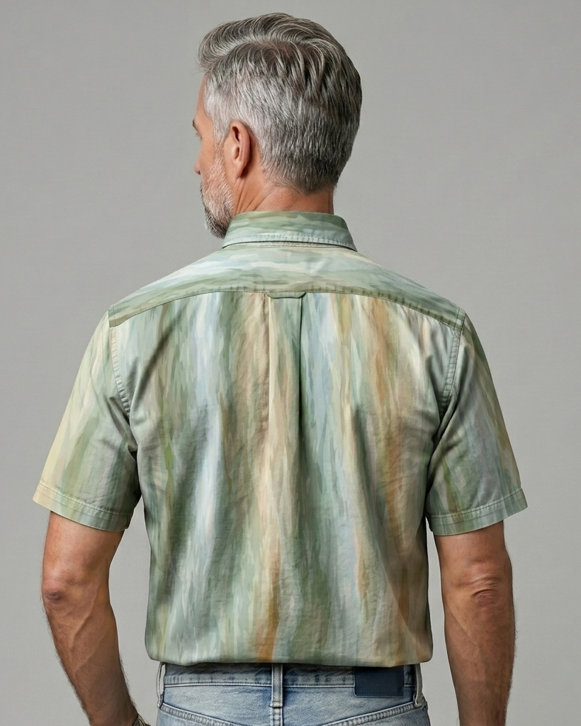 Men's Green Brown Gradient Watercolor Stripe Regular Fit Art Casual Short-Sleeve Shirt
