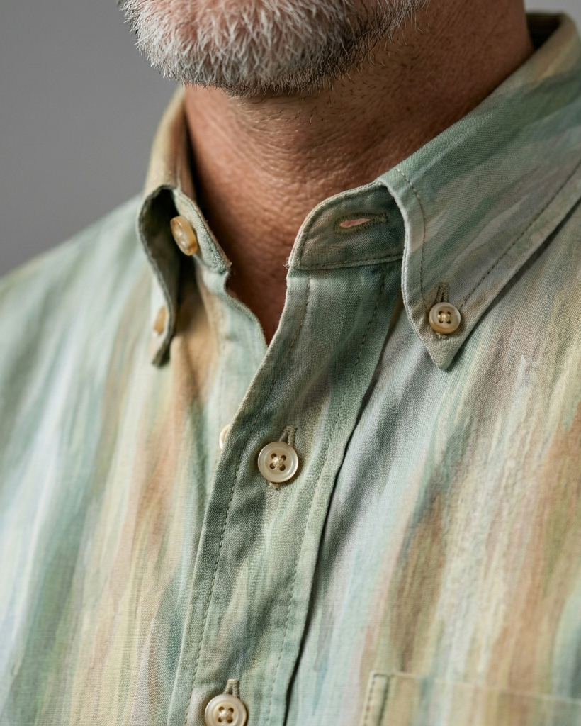 Men's Green Brown Gradient Watercolor Stripe Regular Fit Art Casual Short-Sleeve Shirt