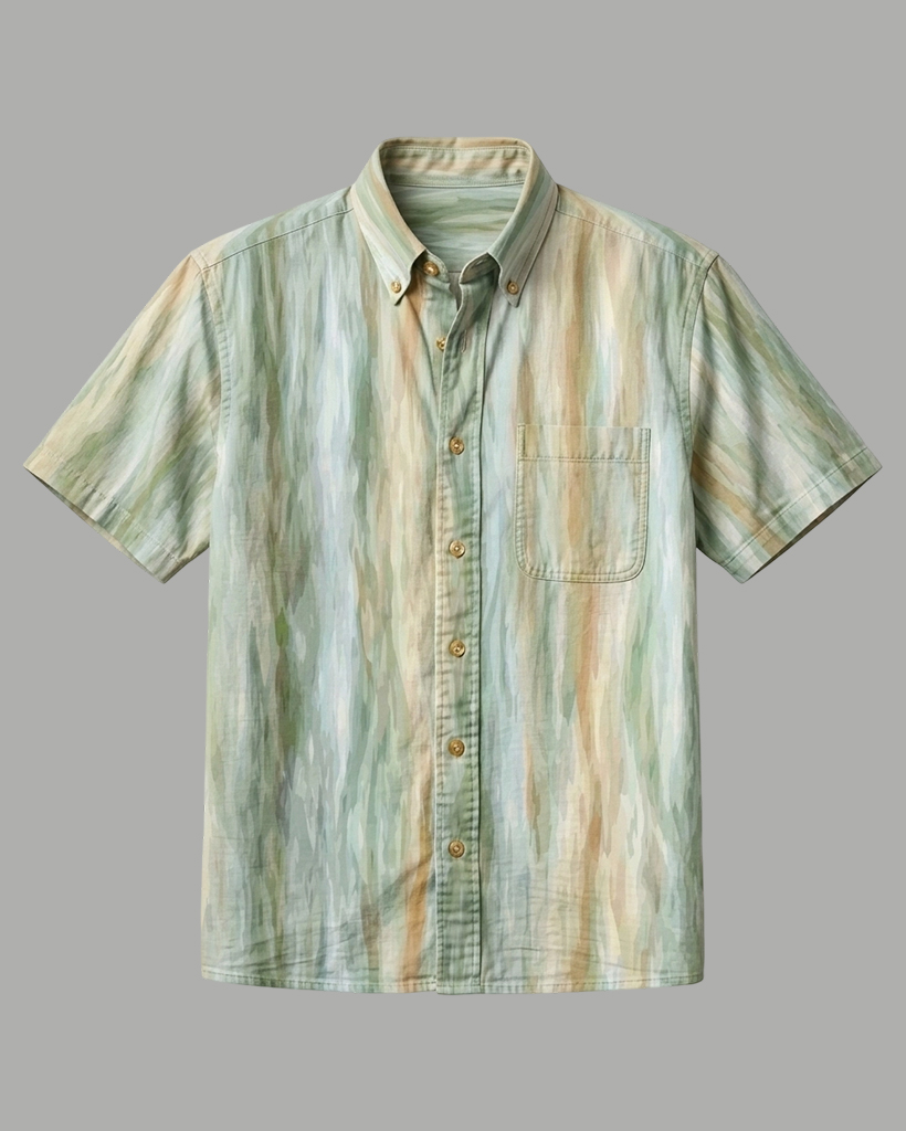 Men's Green Brown Gradient Watercolor Stripe Regular Fit Art Casual Short-Sleeve Shirt