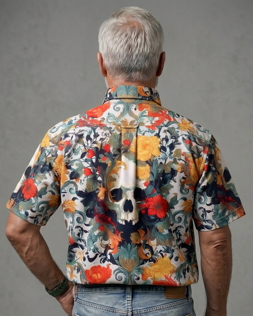 Men's Beige Base Skull Floral Regular Fit Punk Vacation Short-Sleeve Shirt