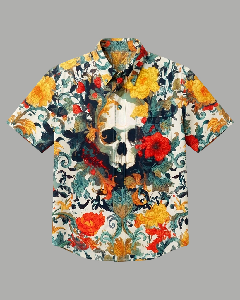 Men's Beige Base Skull Floral Regular Fit Punk Vacation Short-Sleeve Shirt