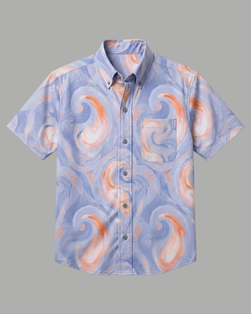 Men's Lavender Base Orange Blue Swirl Regular Fit Abstract Art Casual Short-Sleeve Shirt