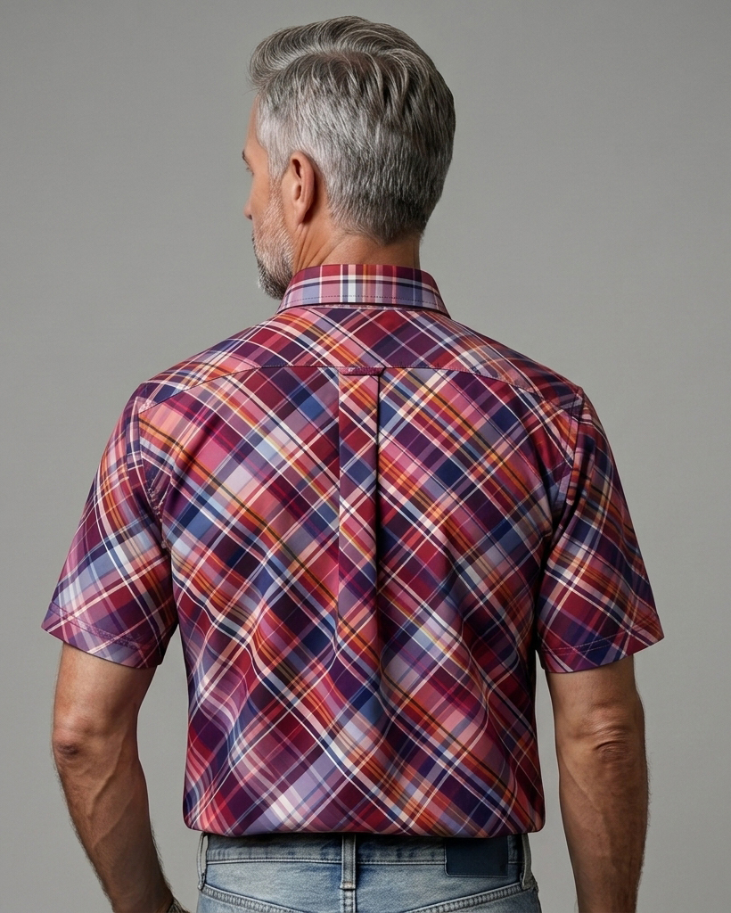 Men's Red Purple Plaid Regular Fit Retro Preppy Casual Short-Sleeve Shirt