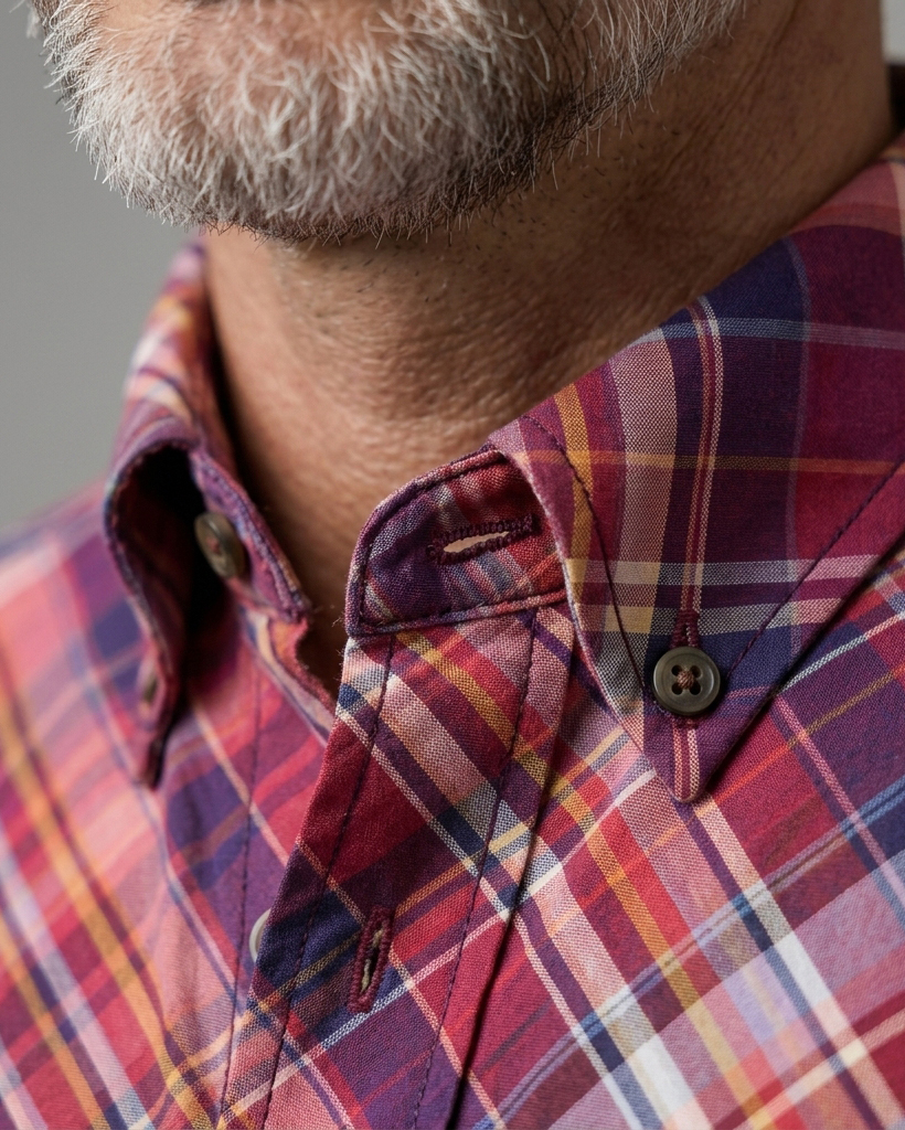 Men's Red Purple Plaid Regular Fit Retro Preppy Casual Short-Sleeve Shirt