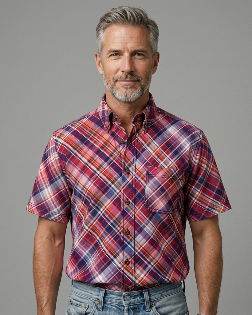 Men's Red Purple Plaid Regular Fit Retro Preppy Casual Short-Sleeve Shirt