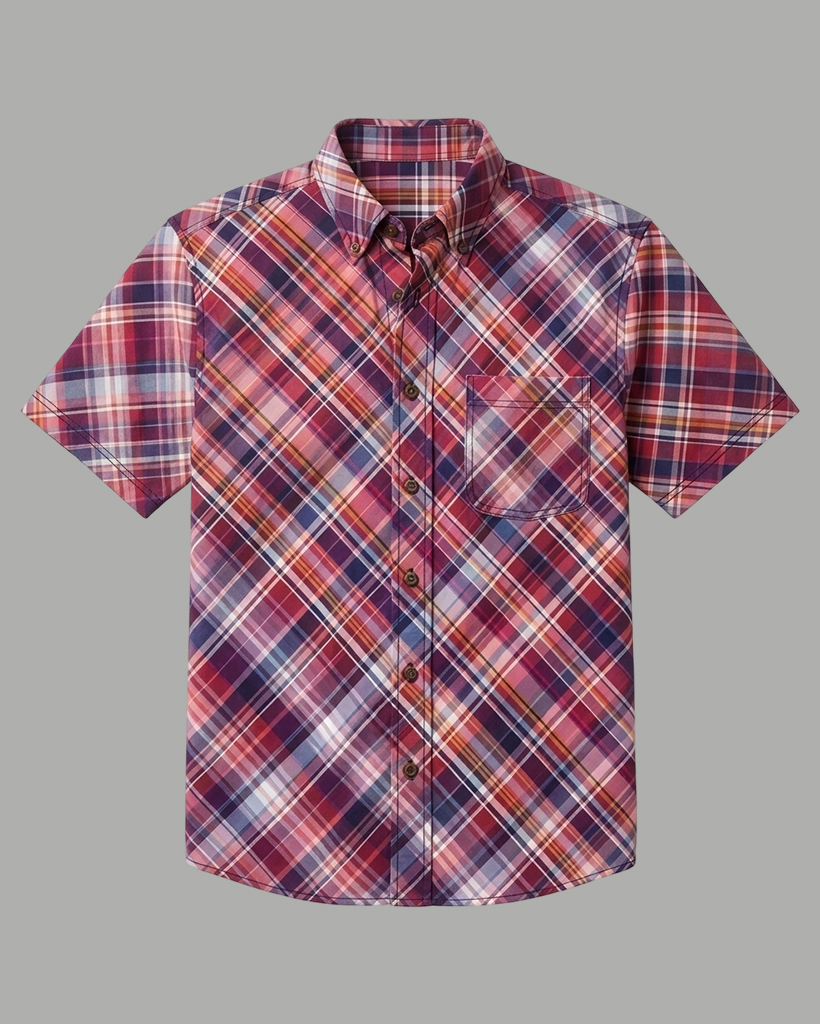 Men's Red Purple Plaid Regular Fit Retro Preppy Casual Short-Sleeve Shirt