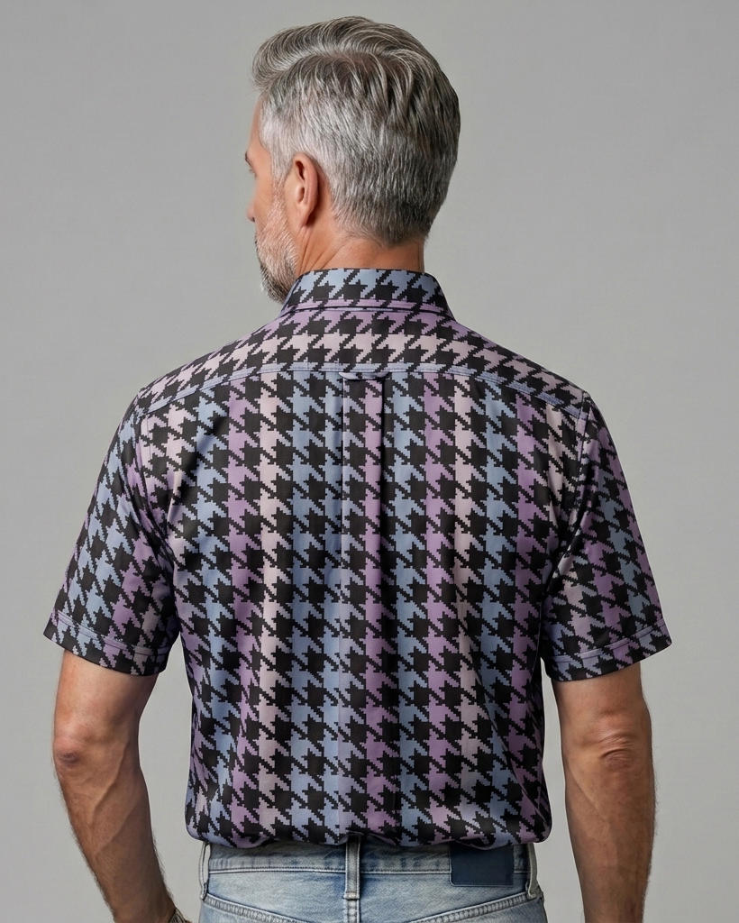 Men's Black Purple Blue Houndstooth Regular Fit Retro Modern Short-Sleeve Shirt