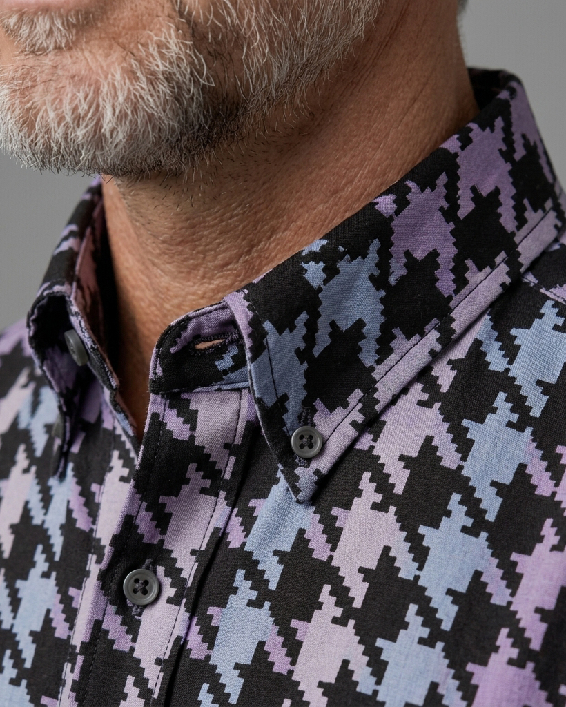 Men's Black Purple Blue Houndstooth Regular Fit Retro Modern Short-Sleeve Shirt