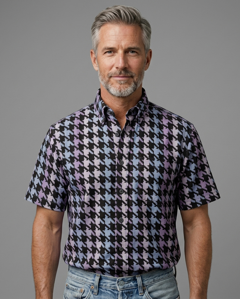 Men's Black Purple Blue Houndstooth Regular Fit Retro Modern Short-Sleeve Shirt