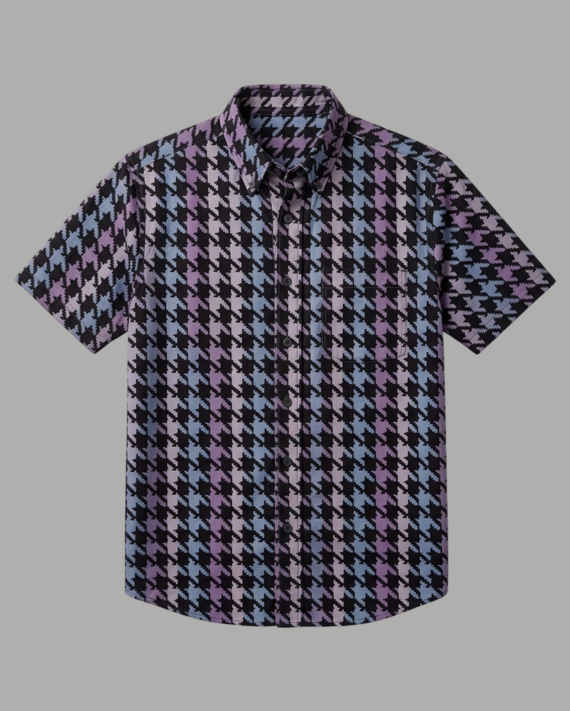 Men's Black Purple Blue Houndstooth Regular Fit Retro Modern Short-Sleeve Shirt