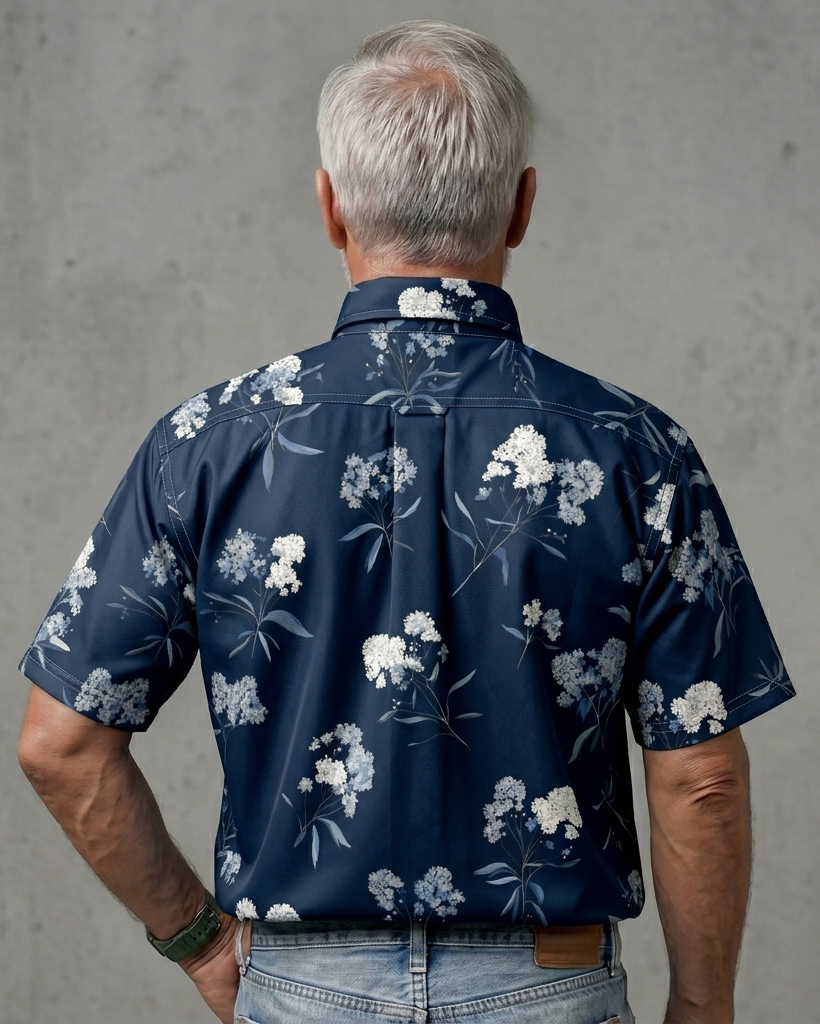 Men's Navy Blue White Light Blue Floral Regular Fit Vintage Elegant Casual Short-Sleeve Shirt