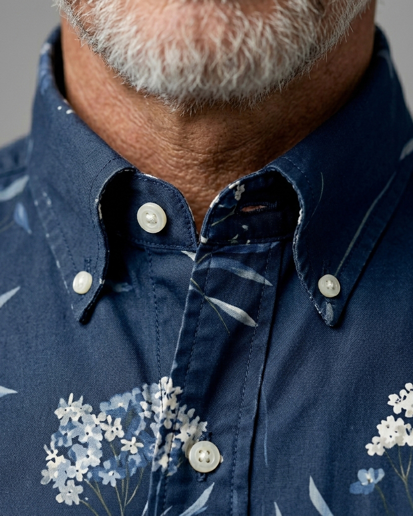 Men's Navy Blue White Light Blue Floral Regular Fit Vintage Elegant Casual Short-Sleeve Shirt