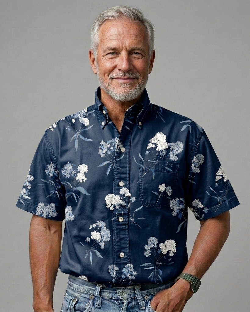 Men's Navy Blue White Light Blue Floral Regular Fit Vintage Elegant Casual Short-Sleeve Shirt