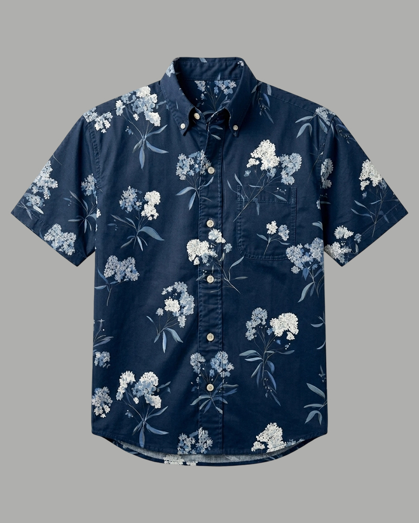 Men's Navy Blue White Light Blue Floral Regular Fit Vintage Elegant Casual Short-Sleeve Shirt