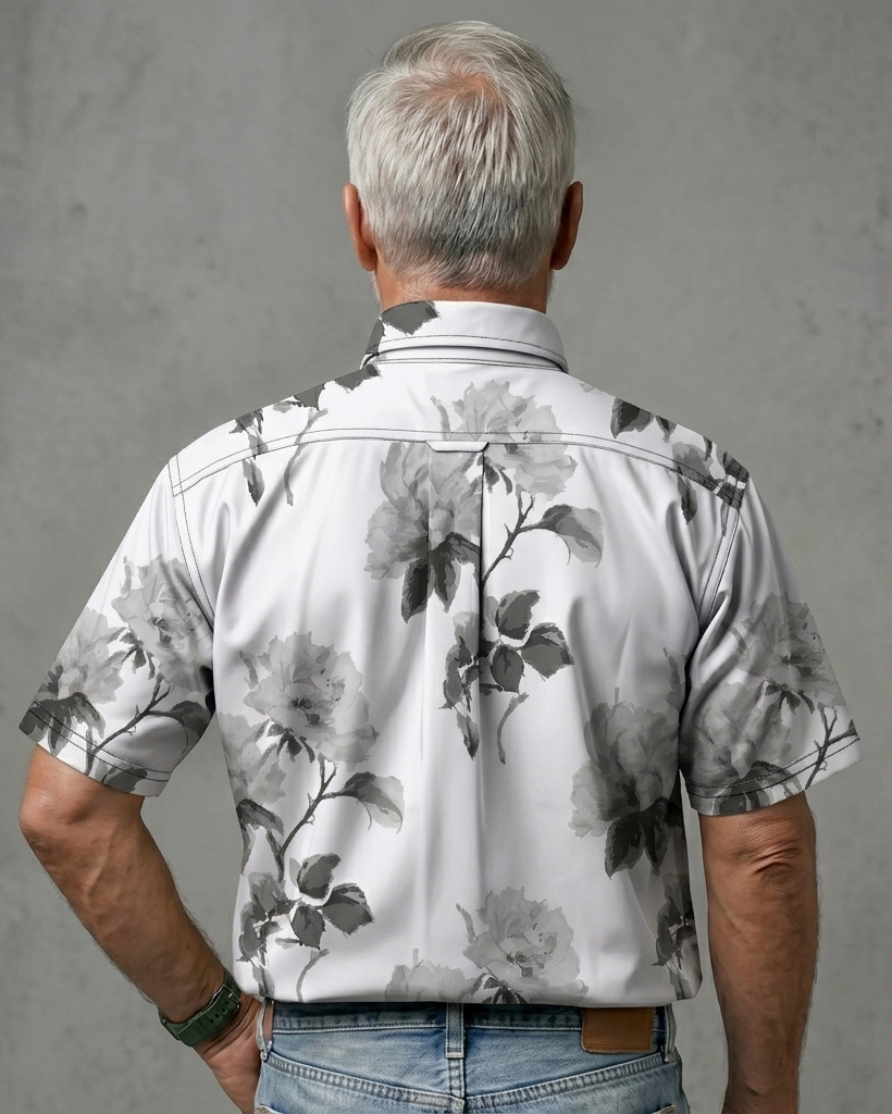 Men's White Black Grey Ink Rose Regular Fit Artistic Minimalist Short-Sleeve Shirt