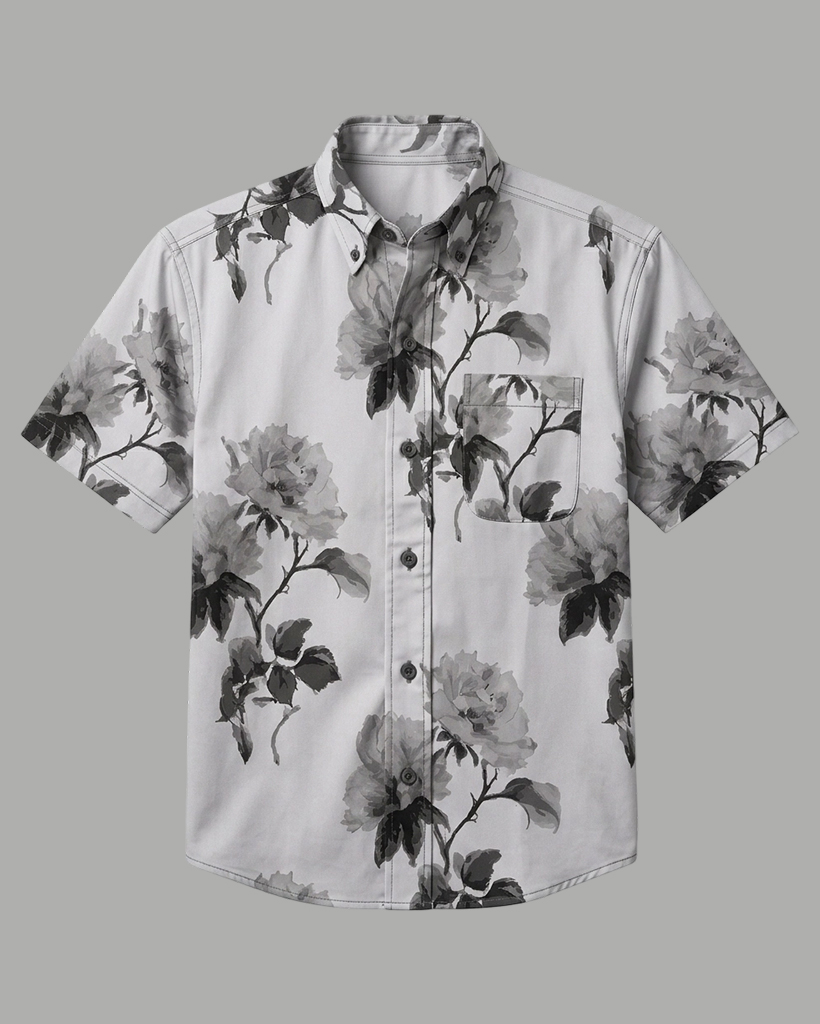 Men's White Black Grey Ink Rose Regular Fit Artistic Minimalist Short-Sleeve Shirt