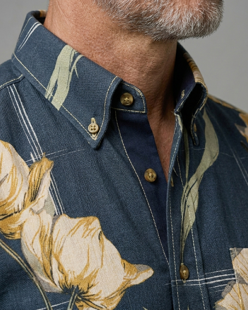 Men's Navy Blue Yellow Green Plaid Tulip Regular Fit Retro Vacation Short-Sleeve Shirt