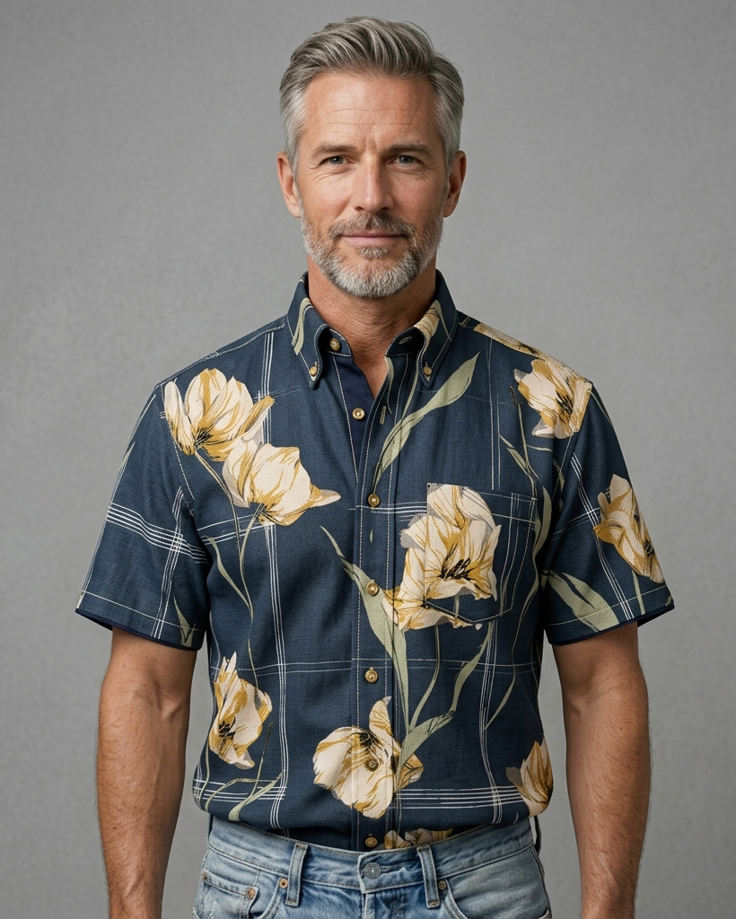 Men's Navy Blue Yellow Green Plaid Tulip Regular Fit Retro Vacation Short-Sleeve Shirt