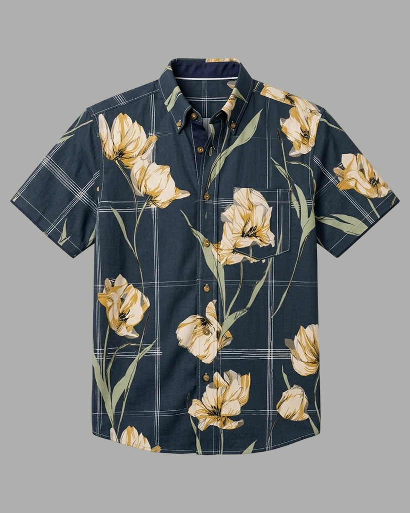 Men's Navy Blue Yellow Green Plaid Tulip Regular Fit Retro Vacation Short-Sleeve Shirt
