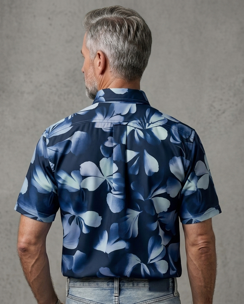 Men's Navy Blue Gradient Light Blue Leaf Regular Fit Retro Casual Short-Sleeve Shirt