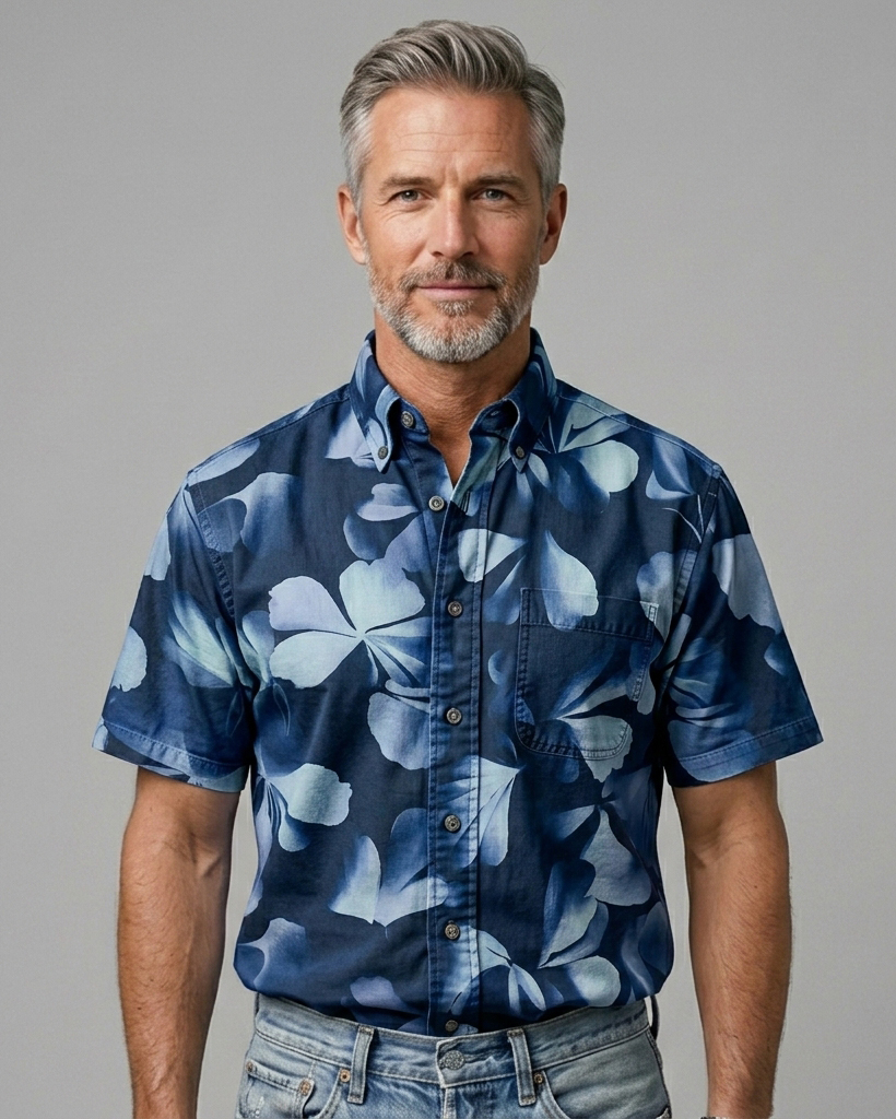 Men's Navy Blue Gradient Light Blue Leaf Regular Fit Retro Casual Short-Sleeve Shirt