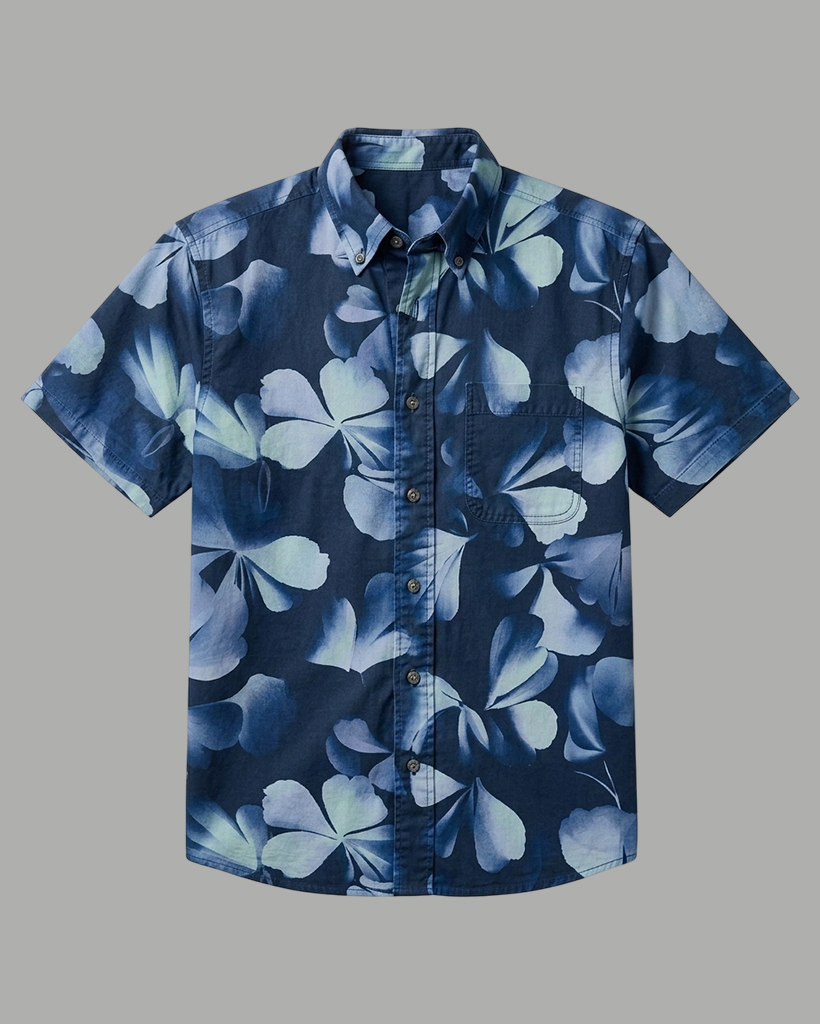 Men's Navy Blue Gradient Light Blue Leaf Regular Fit Retro Casual Short-Sleeve Shirt
