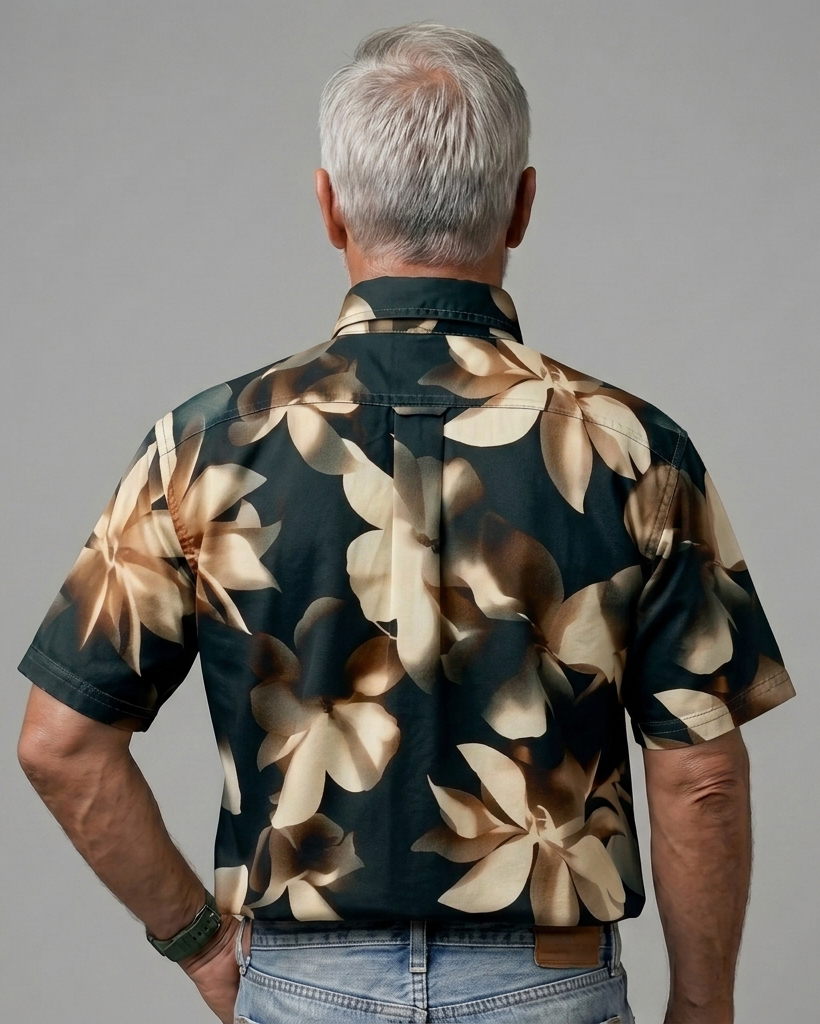 Men's Black Beige Brown Leaf Regular Fit Retro Casual Short-Sleeve Shirt