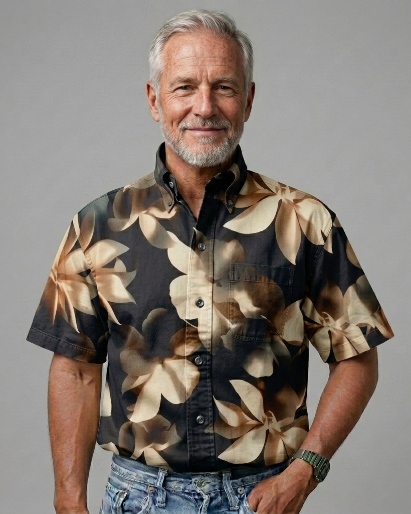 Men's Black Beige Brown Leaf Regular Fit Retro Casual Short-Sleeve Shirt