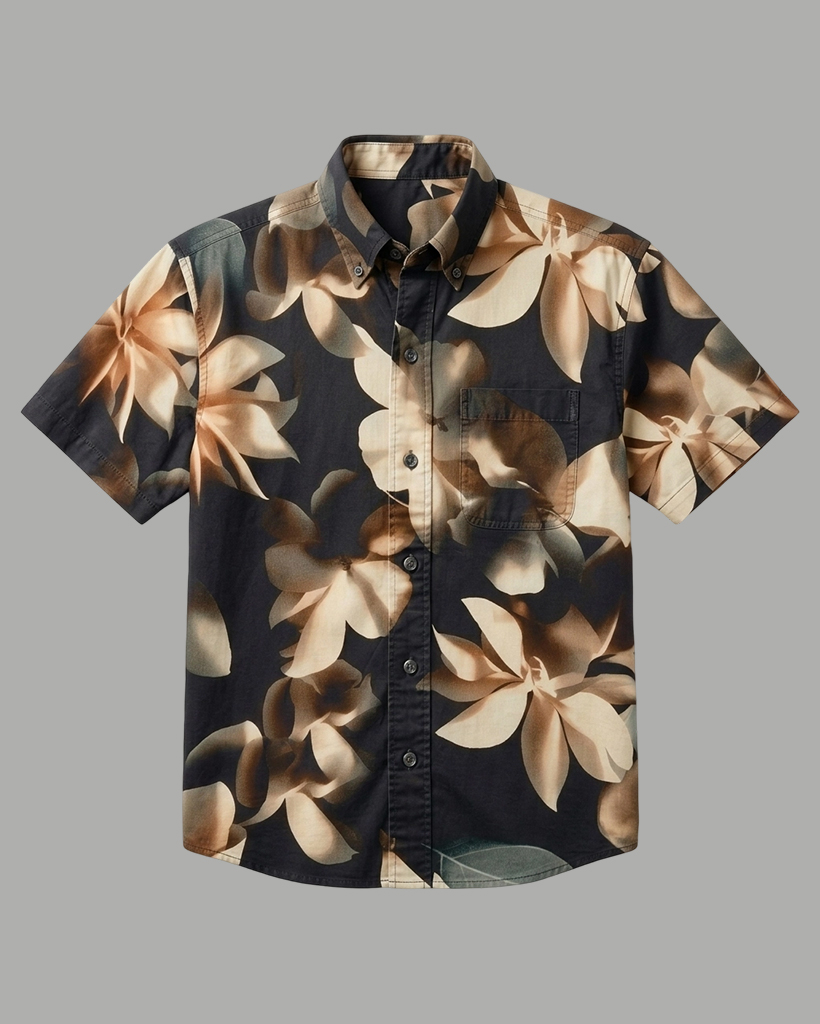 Men's Black Beige Brown Leaf Regular Fit Retro Casual Short-Sleeve Shirt