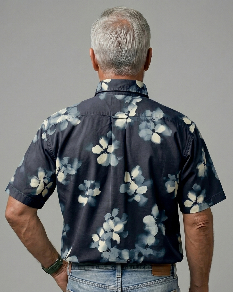Men's Black Base Blue White Floral Regular Fit Washed Casual Short-Sleeve Shirt