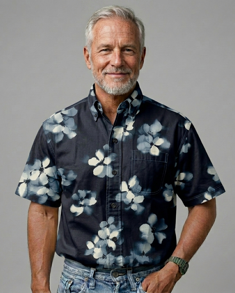 Men's Black Base Blue White Floral Regular Fit Washed Casual Short-Sleeve Shirt