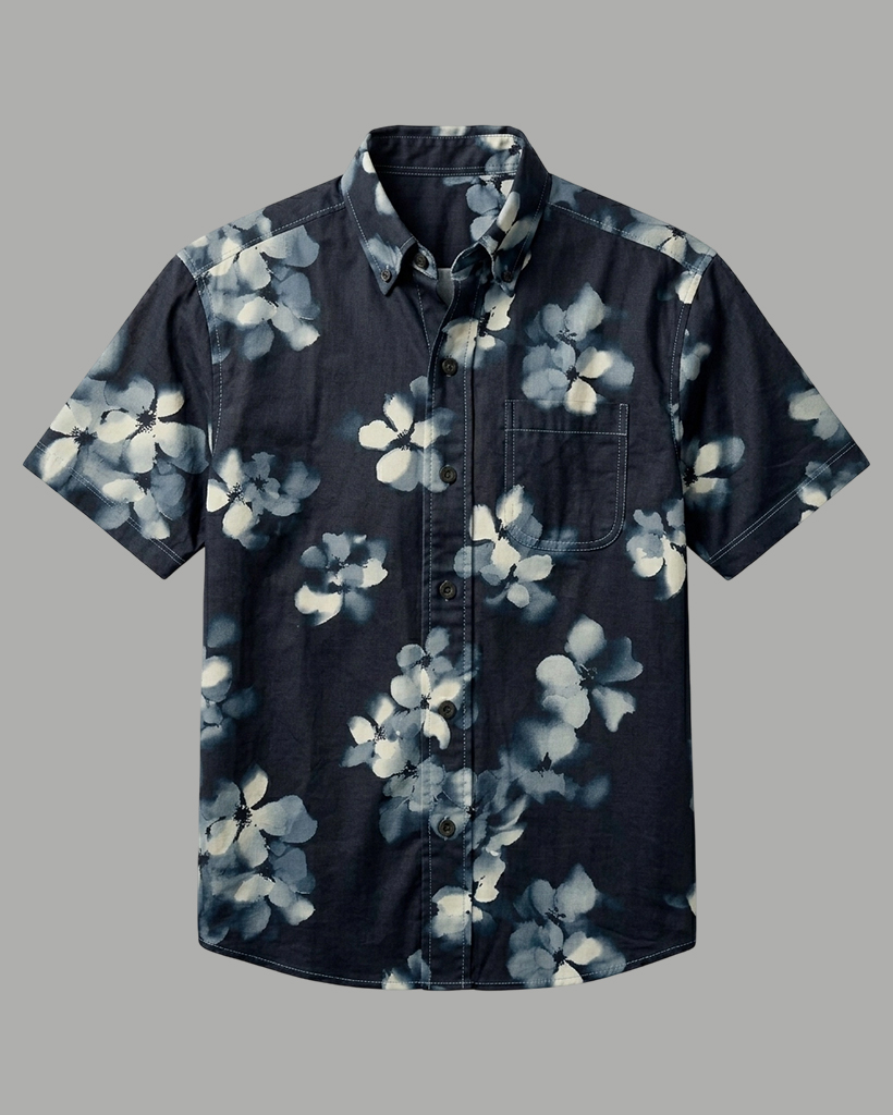 Men's Black Base Blue White Floral Regular Fit Washed Casual Short-Sleeve Shirt
