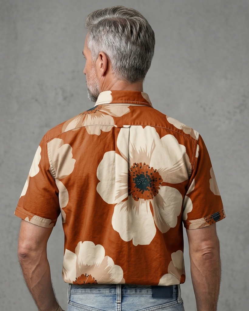 Men's Burnt Orange Base Cream Poppy Regular Fit Retro Casual Short-Sleeve Shirt