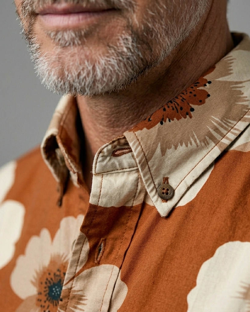 Men's Burnt Orange Base Cream Poppy Regular Fit Retro Casual Short-Sleeve Shirt
