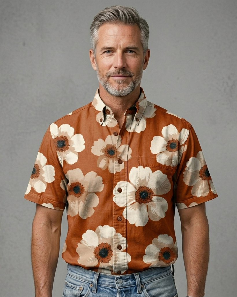 Men's Burnt Orange Base Cream Poppy Regular Fit Retro Casual Short-Sleeve Shirt
