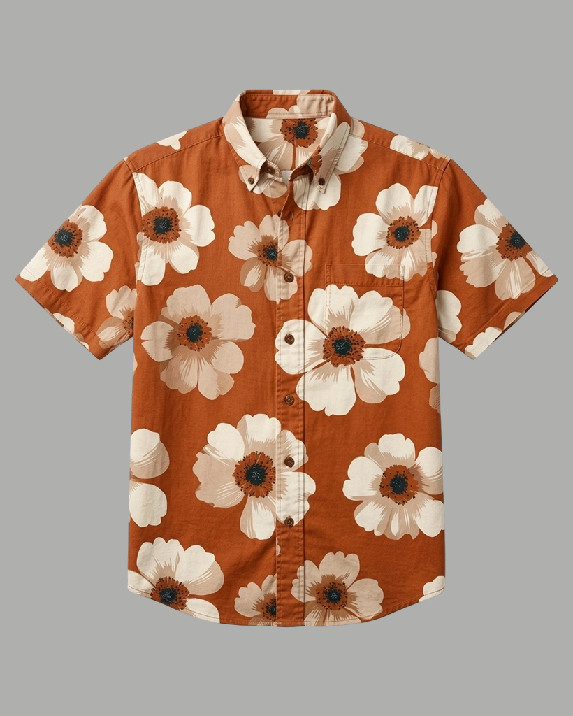 Men's Burnt Orange Base Cream Poppy Regular Fit Retro Casual Short-Sleeve Shirt