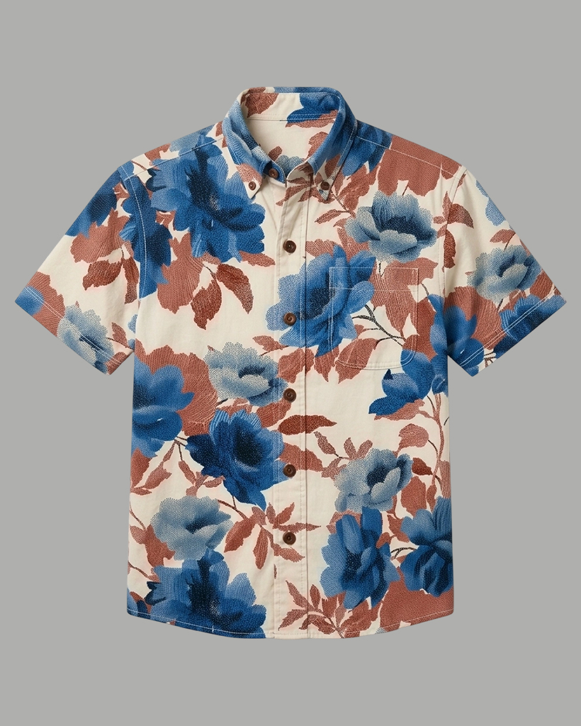 Men's Beige Base Blue Rust Rose Regular Fit Vintage Casual Short-Sleeve Shirt