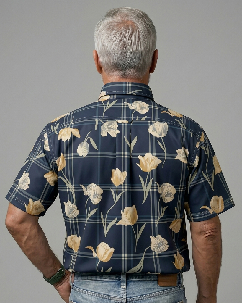 Men's Navy Base Beige Tulip Plaid Regular Fit Retro Casual Short-Sleeve Shirt