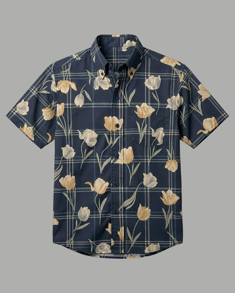 Men's Navy Base Beige Tulip Plaid Regular Fit Retro Casual Short-Sleeve Shirt