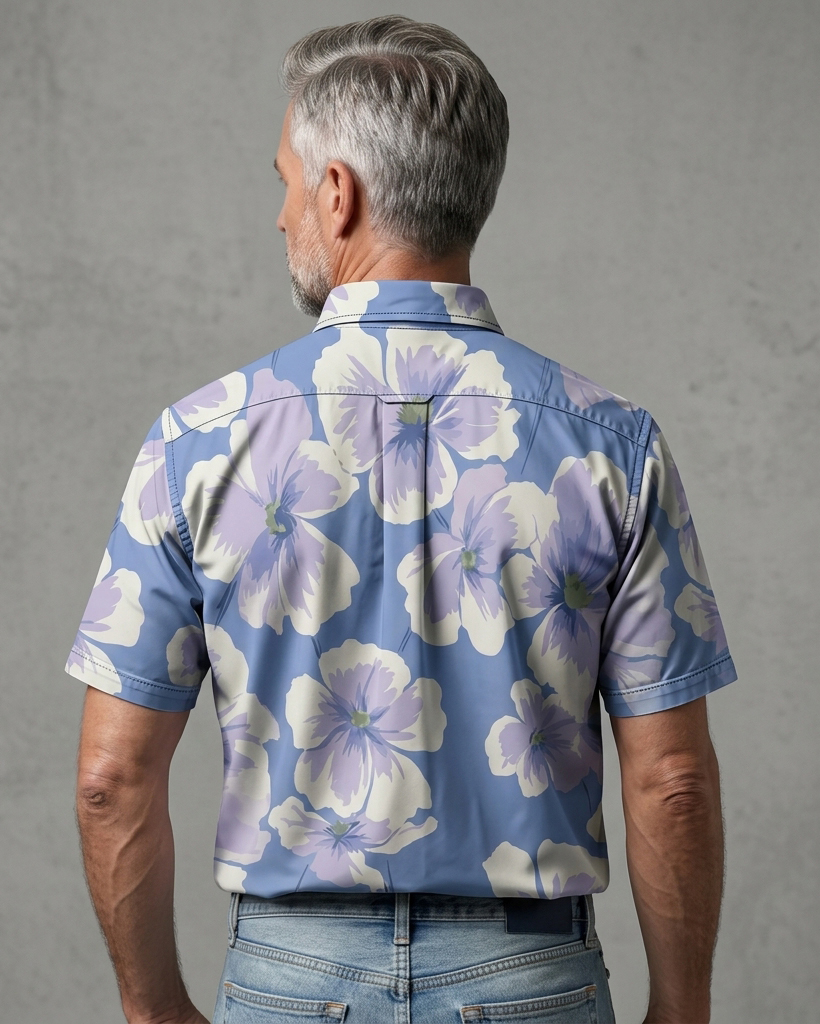 Men's Light Blue Base Lavender Hibiscus Relaxed Fit Hawaiian Casual Short-Sleeve Shirt
