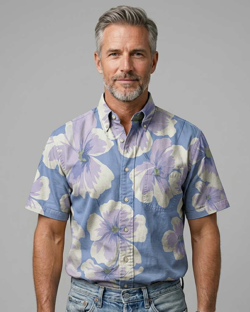 Men's Light Blue Base Lavender Hibiscus Relaxed Fit Hawaiian Casual Short-Sleeve Shirt