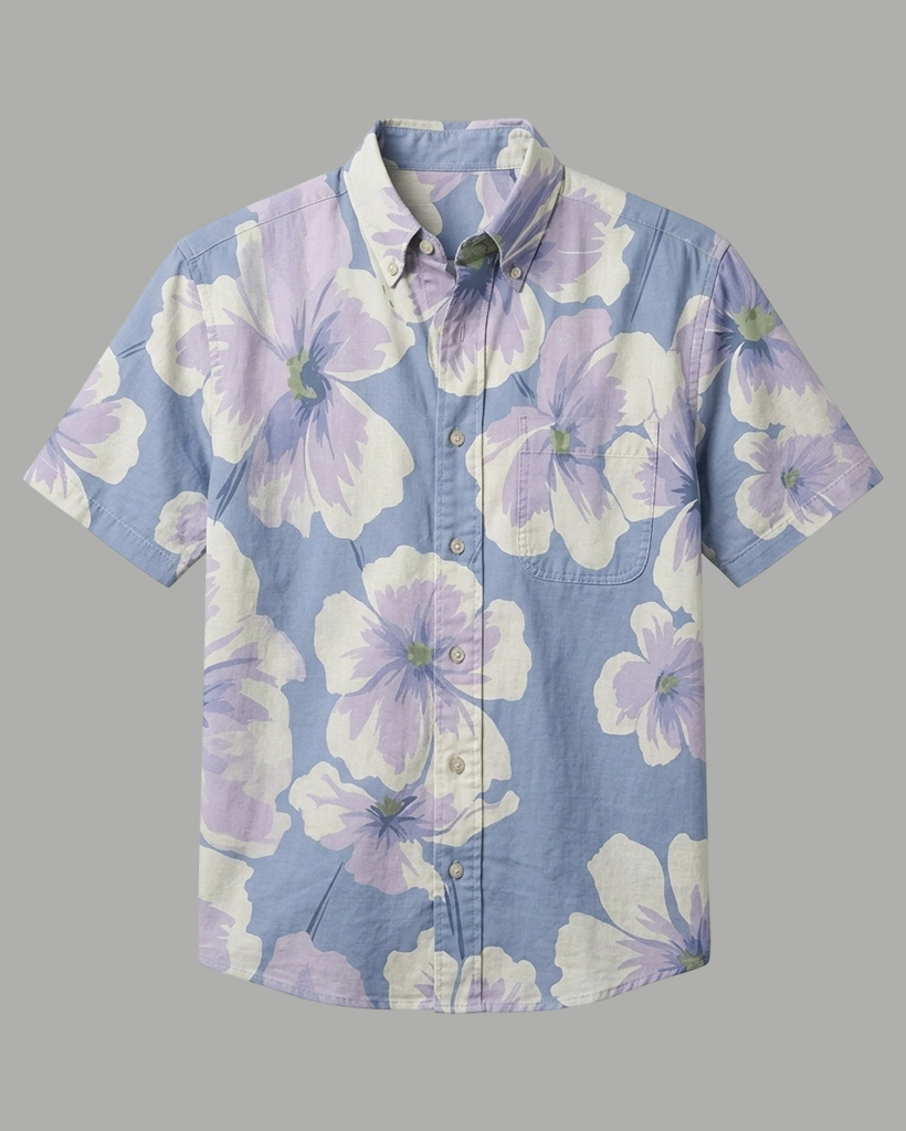 Men's Light Blue Base Lavender Hibiscus Relaxed Fit Hawaiian Casual Short-Sleeve Shirt