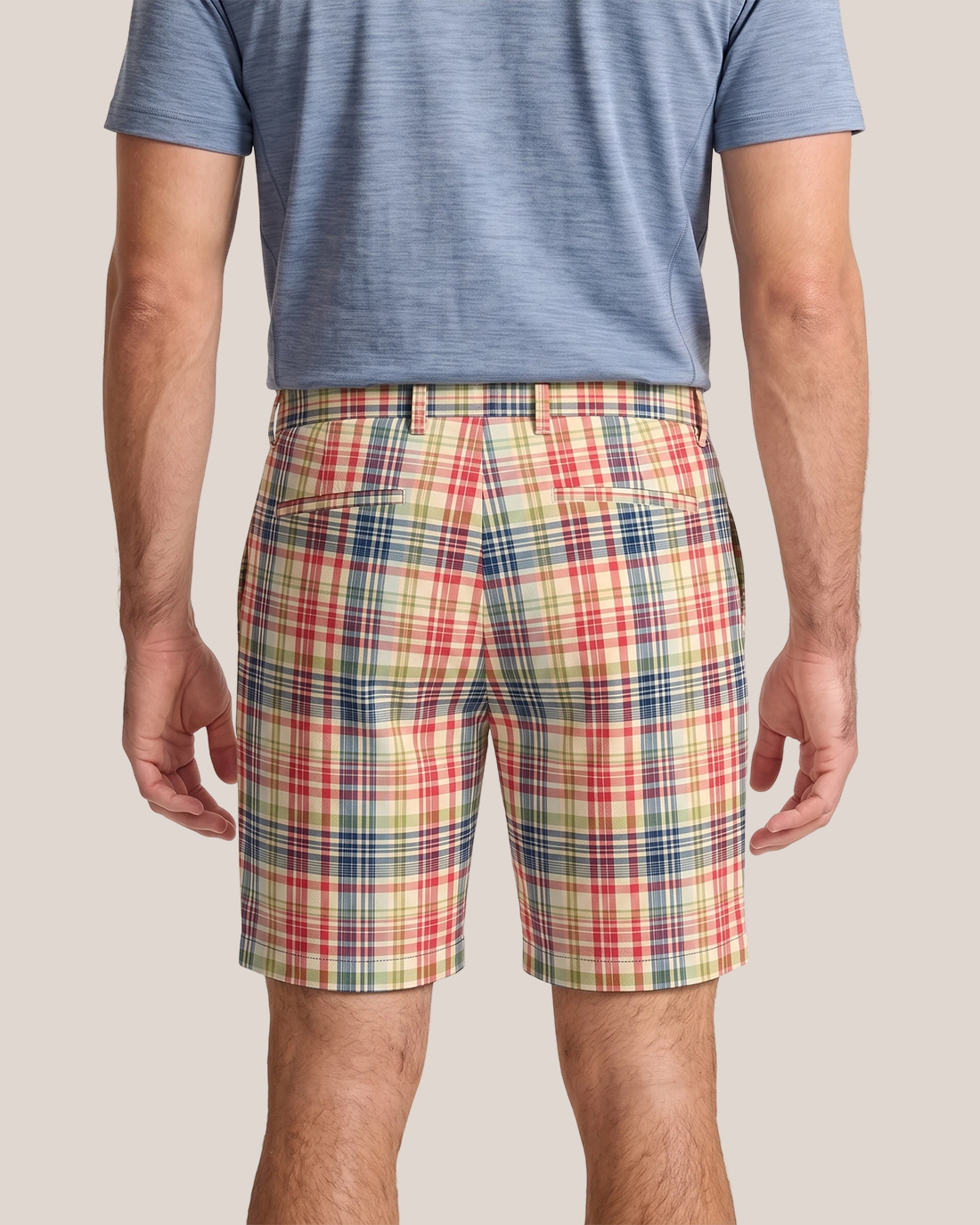 Men's Cream Base Red Navy Plaid Straight Fit Preppy Casual Shorts