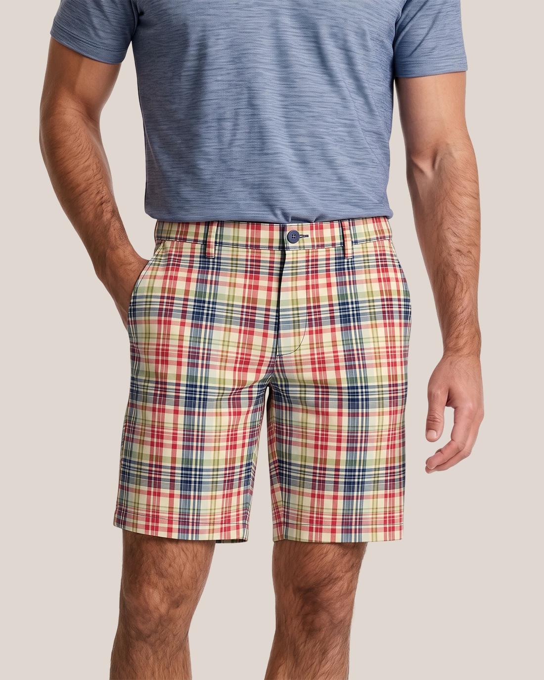 Men's Cream Base Red Navy Plaid Straight Fit Preppy Casual Shorts